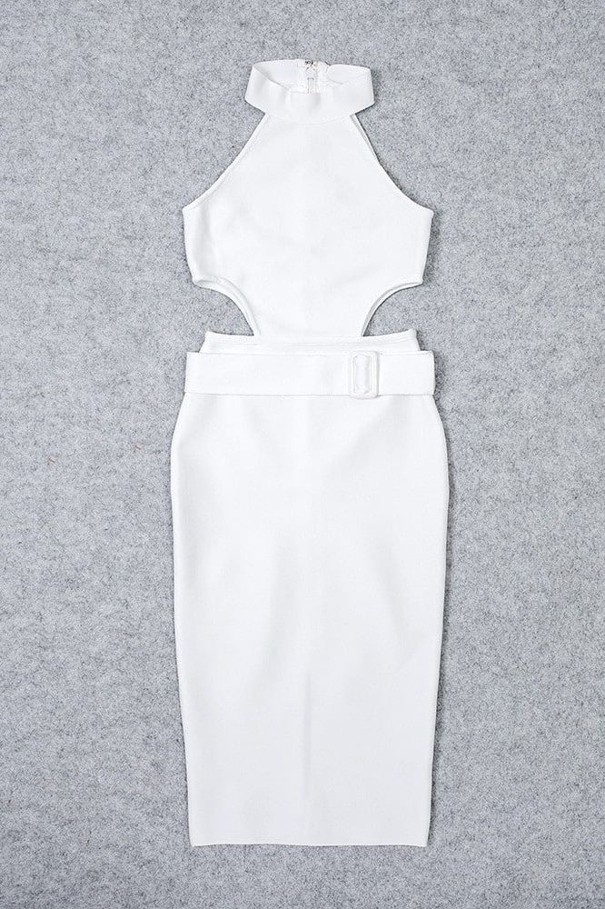 Woman wearing a figure flattering  Isabella Bandage Midi Dress - Pearl White BODYCON COLLECTION