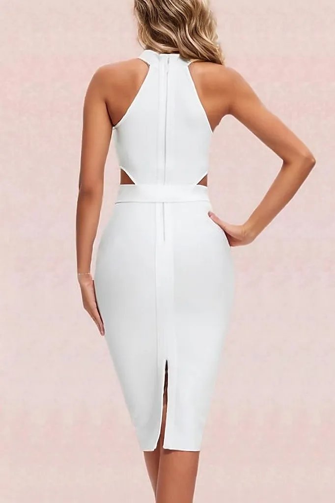 Woman wearing a figure flattering  Isabella Bandage Midi Dress - Pearl White BODYCON COLLECTION