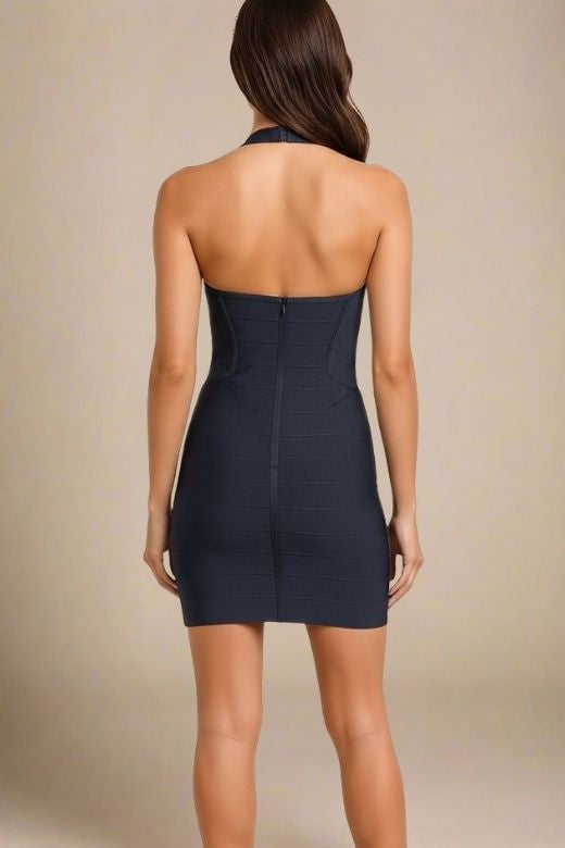 Woman wearing a figure flattering  Isabella Bandage Mini Dress - Classic Black BODYCON COLLECTION Pty Ltd