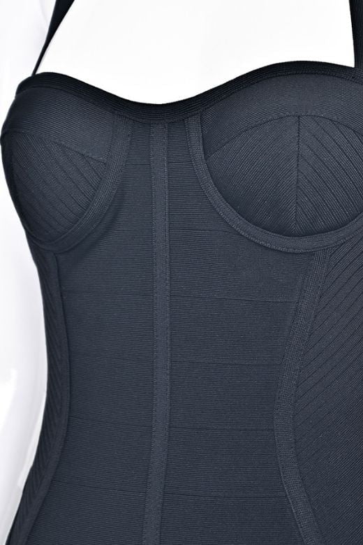 Woman wearing a figure flattering  Isabella Bandage Mini Dress - Classic Black BODYCON COLLECTION Pty Ltd