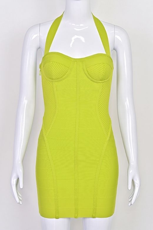 Woman wearing a figure flattering  Isabella Bandage Mini Dress - Neon Green BODYCON COLLECTION Pty Ltd