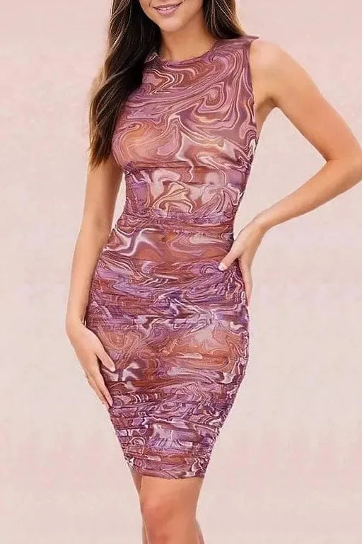 Woman wearing a figure flattering  Isla Bodycon Wrap Mini Dress - Magenta Pink BODYCON COLLECTION