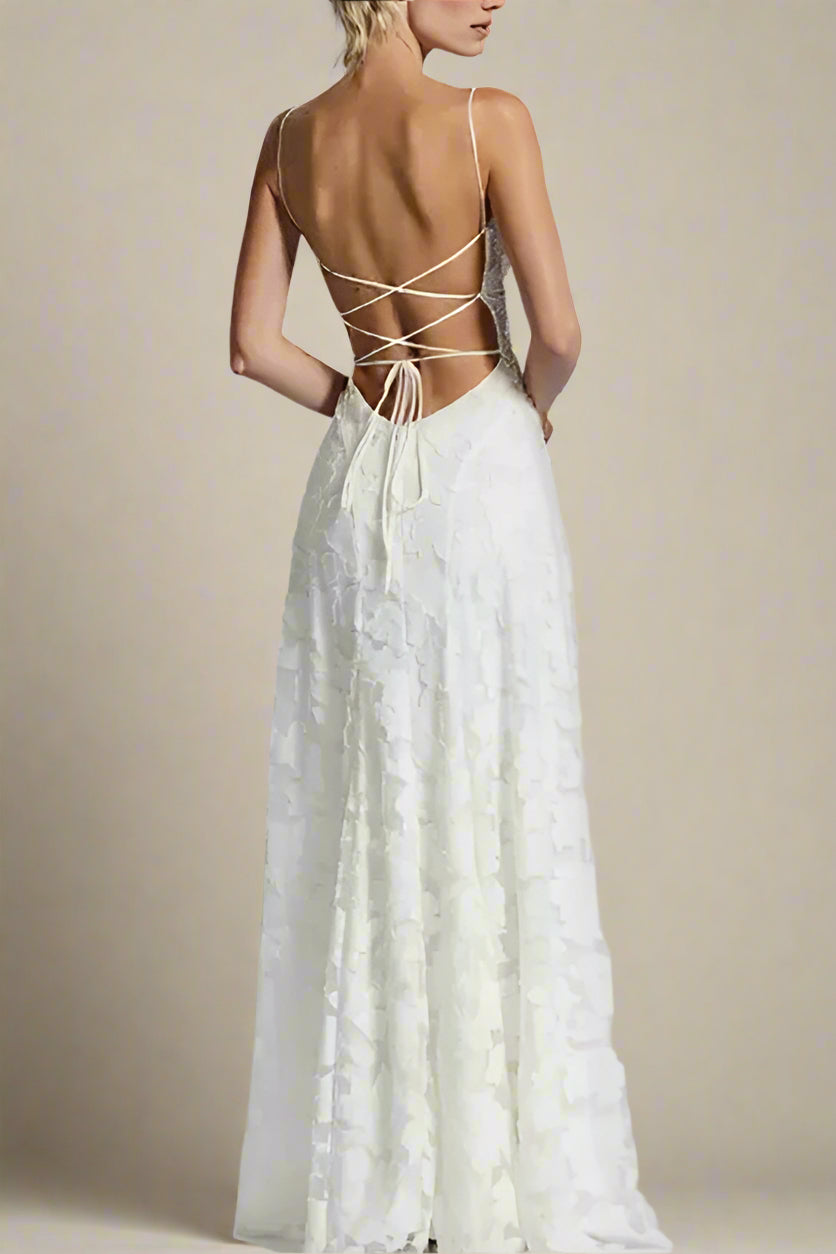 Woman wearing a figure flattering  Ivy Bodycon Maxi Dress - White Pearl BODYCON COLLECTION