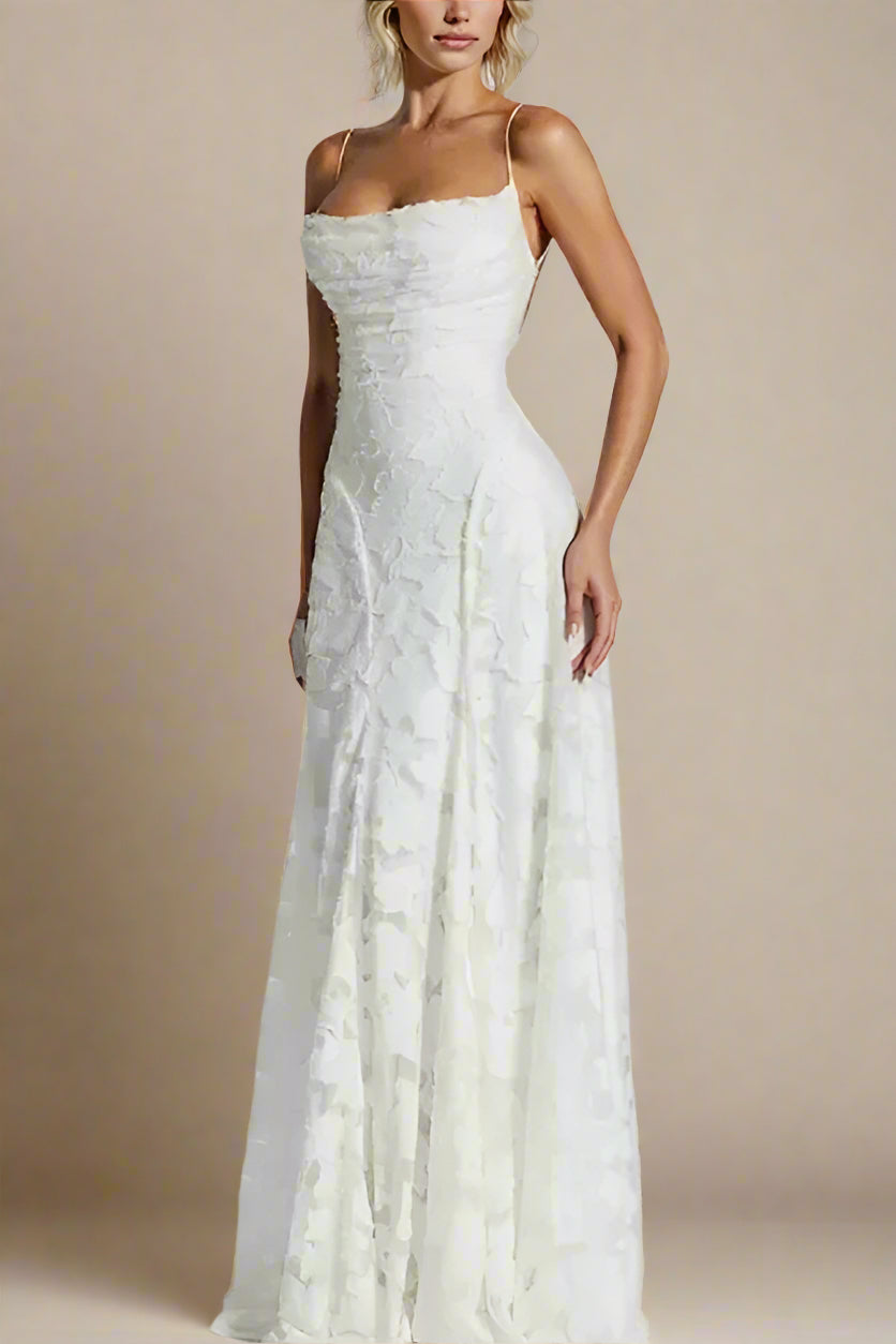 Woman wearing a figure flattering  Ivy Bodycon Maxi Dress - White Pearl BODYCON COLLECTION