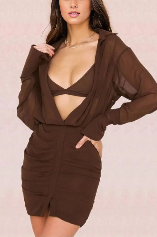 Woman wearing a figure flattering  Jade Bodycon Wrap Long Sleeve Mini Dress - Tan Brown BODYCON COLLECTION
