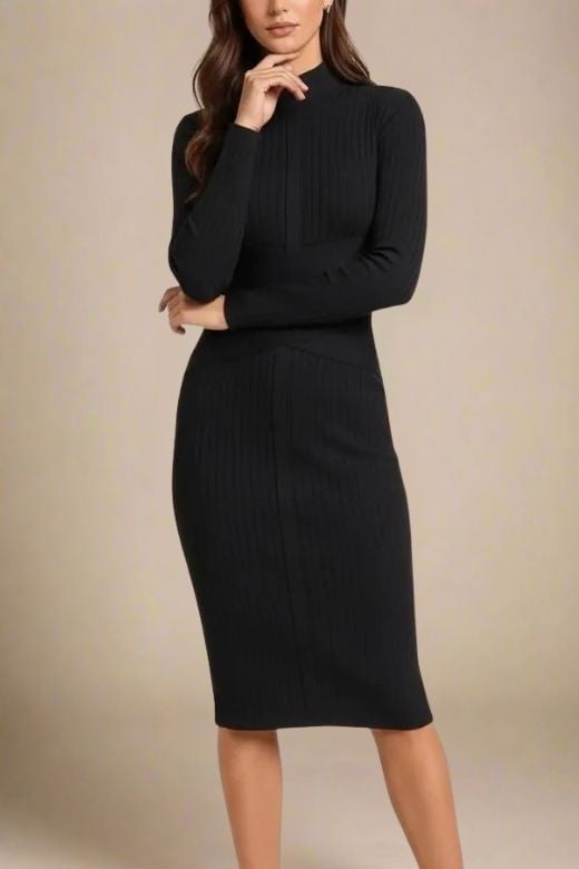 Woman wearing a figure flattering  Jane Long Sleeve Bodycon Midi Dress - Classic Black Bodycon Collection