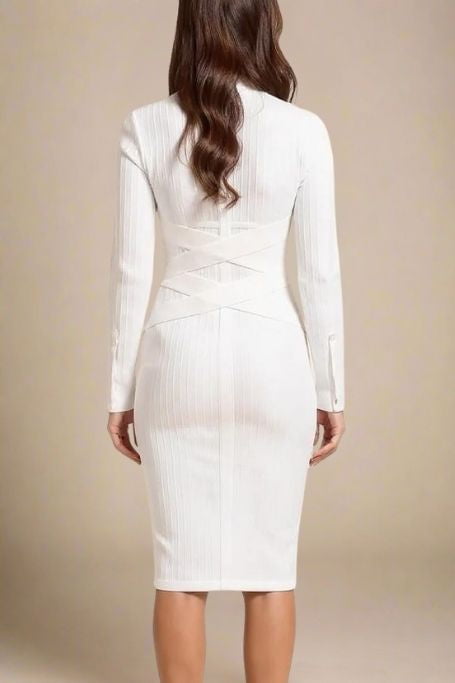 Woman wearing a figure flattering  Jane Long Sleeve Bodycon Midi Dress - White Pearl Bodycon Collection