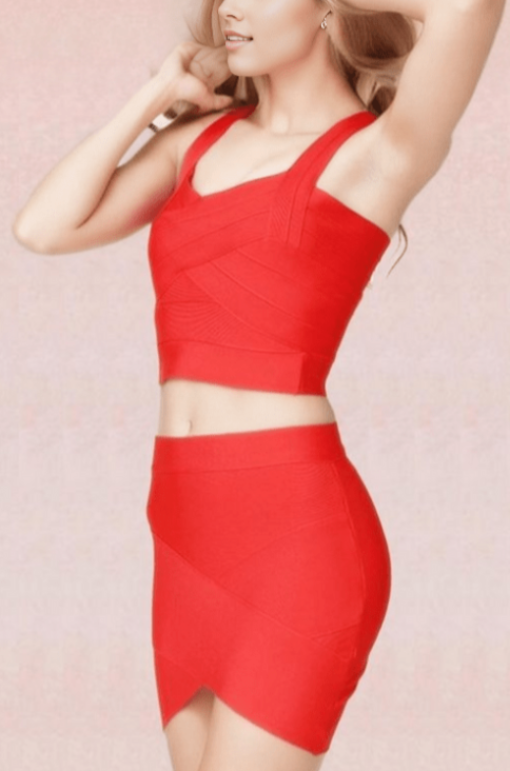 Woman wearing a figure flattering  Jay Bandage Crop Top and Mini Skirt Set - Lipstick Red BODYCON COLLECTION