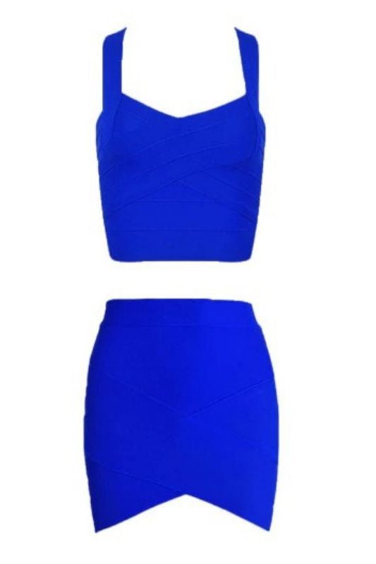 Woman wearing a figure flattering  Jay Bandage Crop Top and Mini Skirt Set - Royal Blue BODYCON COLLECTION