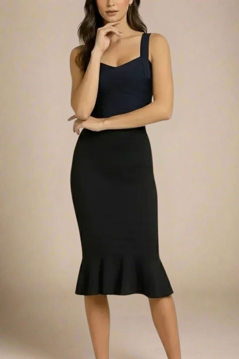 Woman wearing a figure flattering  Jay Bandage Crop Top - Classic Black BODYCON COLLECTION