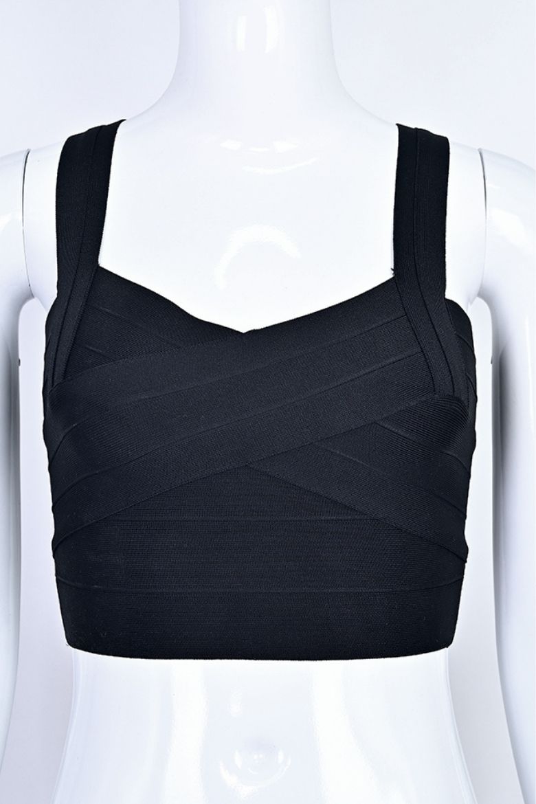 Woman wearing a figure flattering  Jay Bandage Crop Top - Classic Black BODYCON COLLECTION