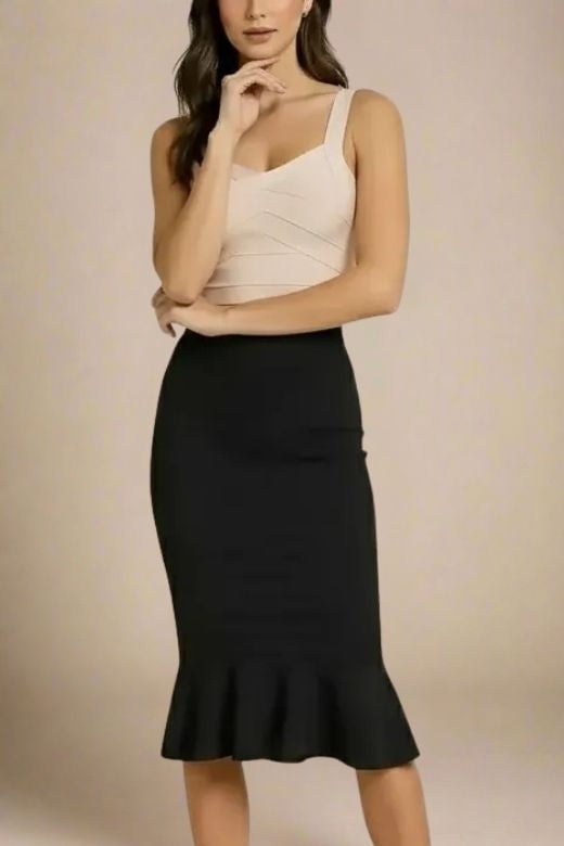 Woman wearing a figure flattering  Jay Bandage Crop Top - Cream BODYCON COLLECTION