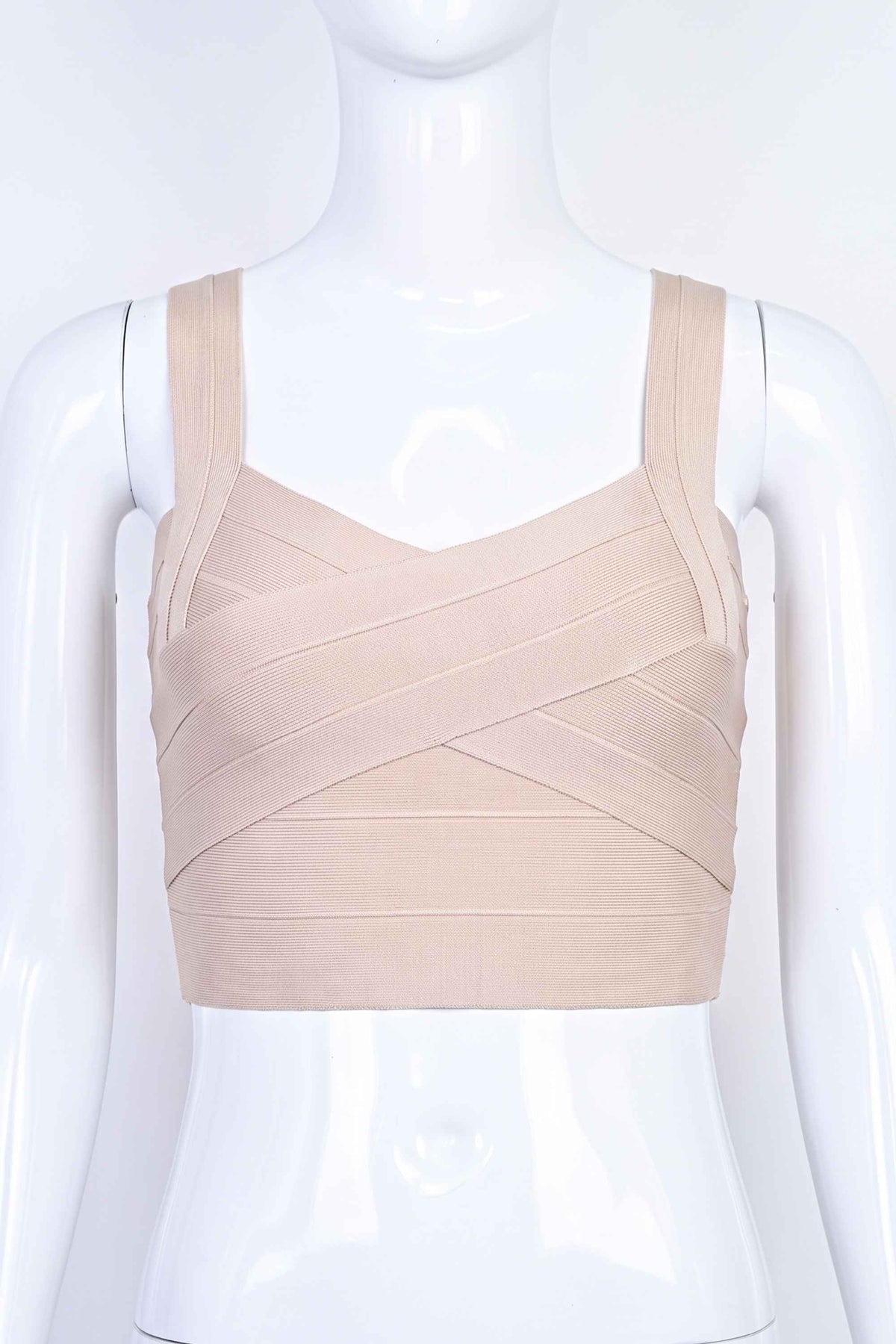 Woman wearing a figure flattering  Jay Bandage Crop Top - Cream BODYCON COLLECTION