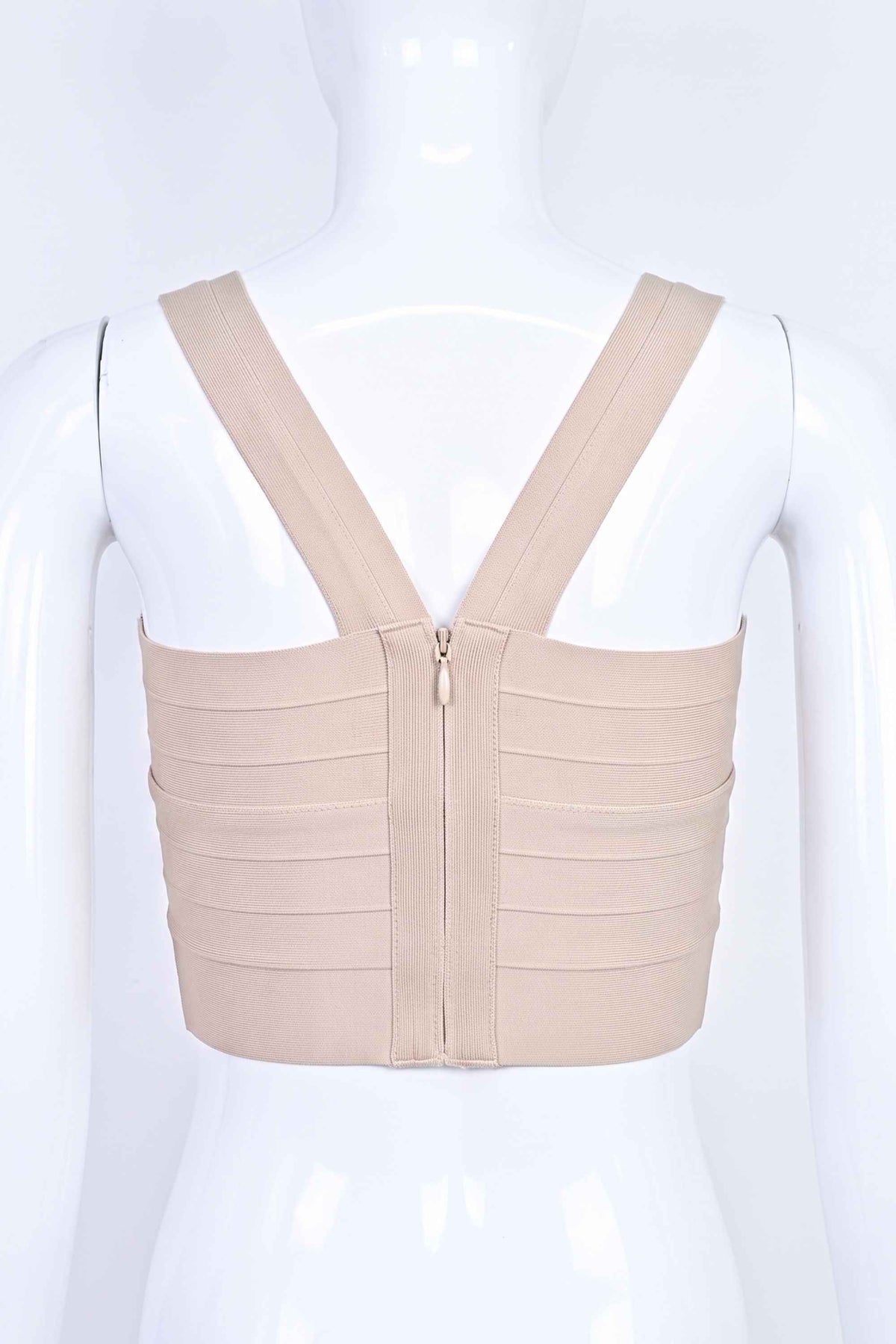 Woman wearing a figure flattering  Jay Bandage Crop Top - Cream BODYCON COLLECTION
