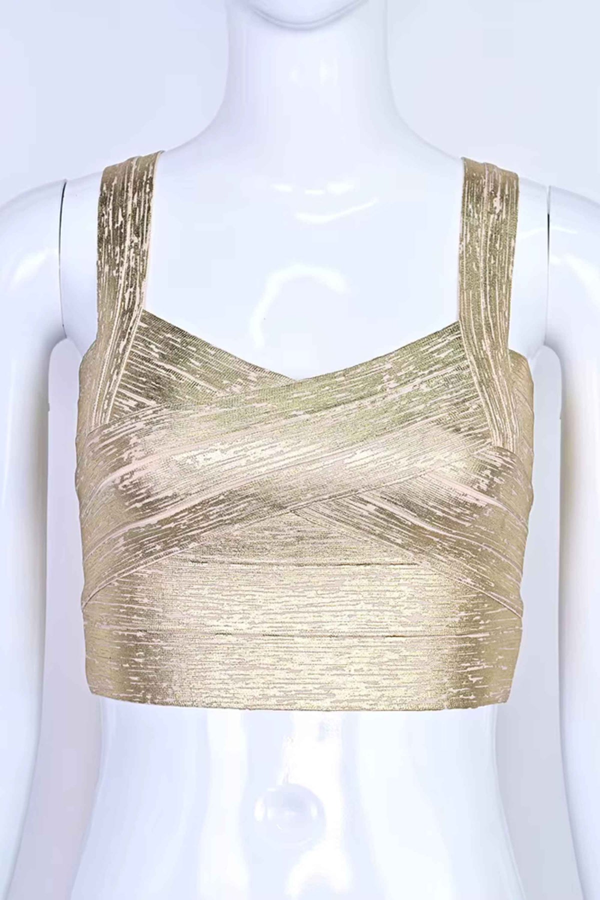 Woman wearing a figure flattering  Jay Bandage Crop Top - Gold BODYCON COLLECTION
