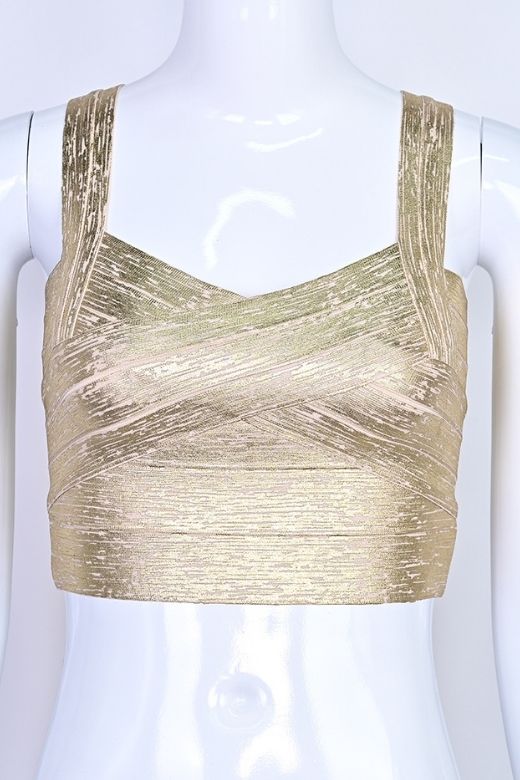 Woman wearing a figure flattering  Jay Bandage Crop Top - Gold BODYCON COLLECTION