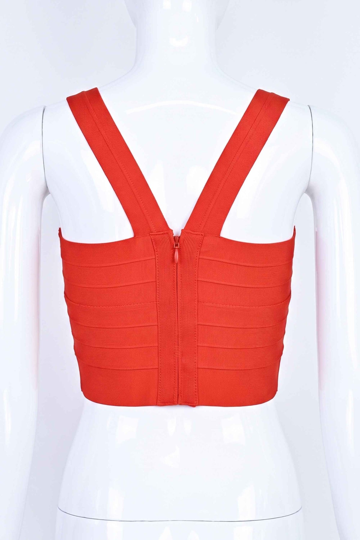 Woman wearing a figure flattering  Jay Bandage Crop Top - Lipstick Red BODYCON COLLECTION