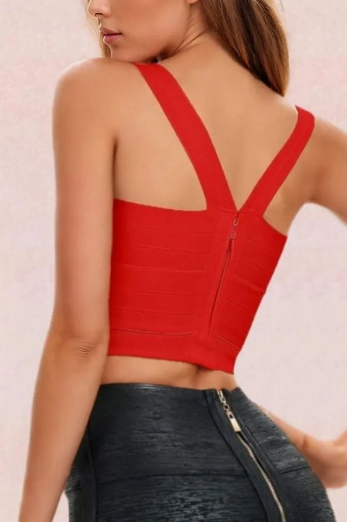 Woman wearing a figure flattering  Jay Bandage Crop Top - Lipstick Red BODYCON COLLECTION