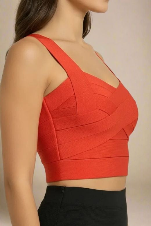 Woman wearing a figure flattering  Jay Bandage Crop Top - Lipstick Red BODYCON COLLECTION