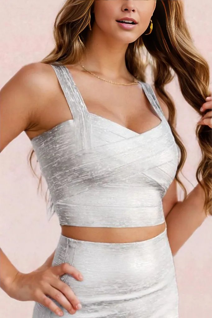 Woman wearing a figure flattering  Jay Bandage Crop Top - Silver BODYCON COLLECTION