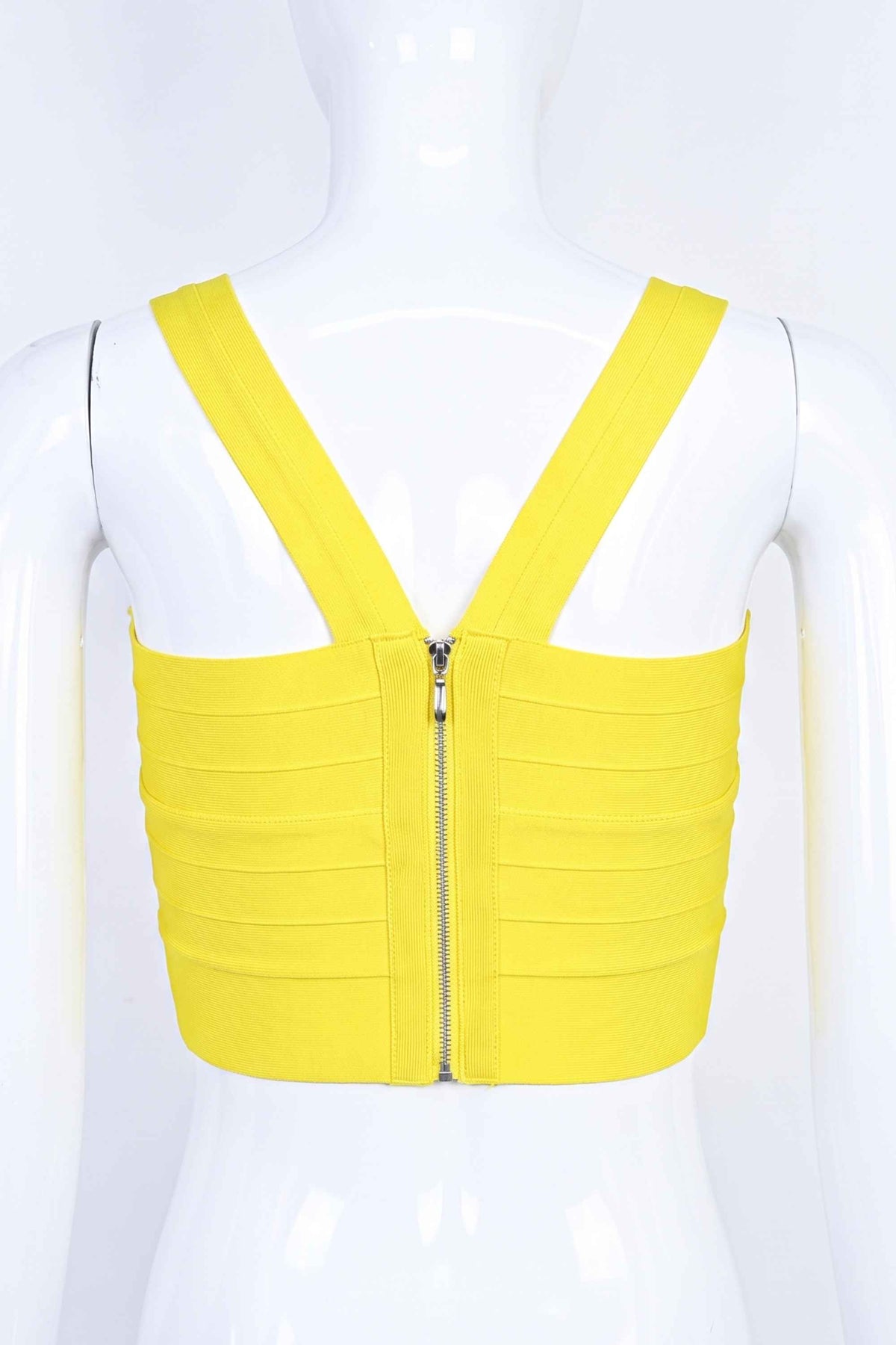 Woman wearing a figure flattering  Jay Bandage Crop Top - Sun Yellow BODYCON COLLECTION