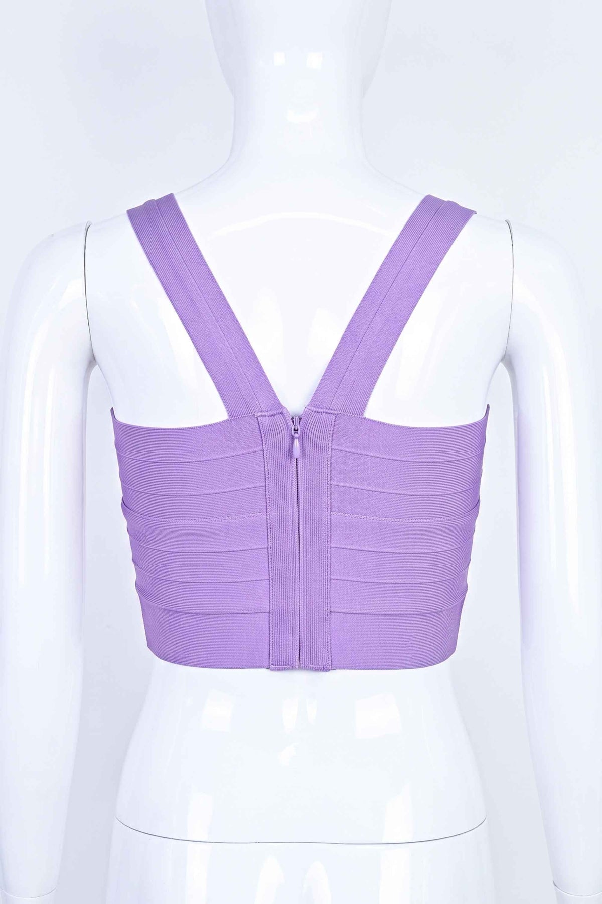 Woman wearing a figure flattering  Jay Bandage Crop Top - Violet Purple BODYCON COLLECTION