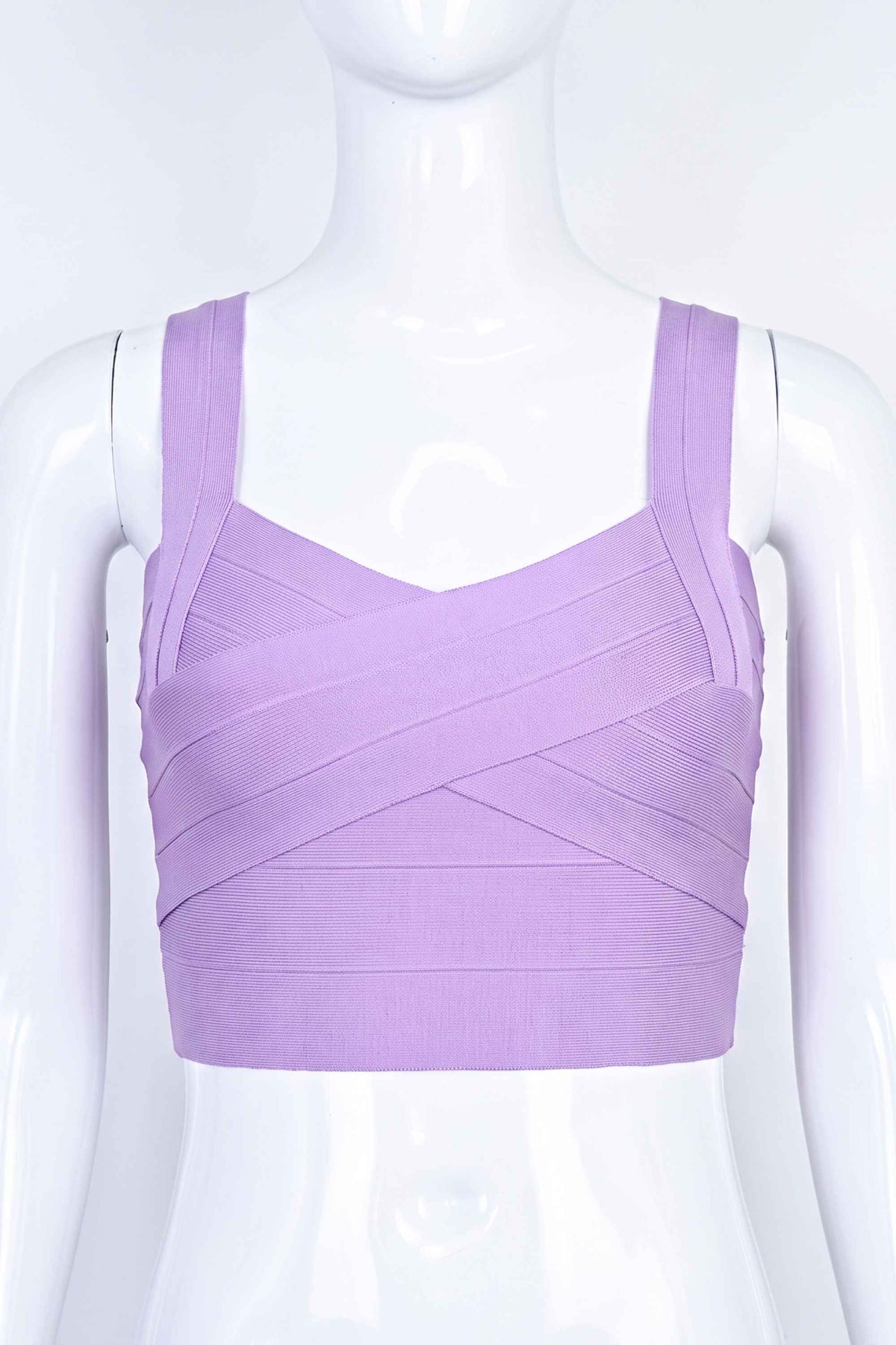 Woman wearing a figure flattering  Jay Bandage Crop Top - Violet Purple BODYCON COLLECTION