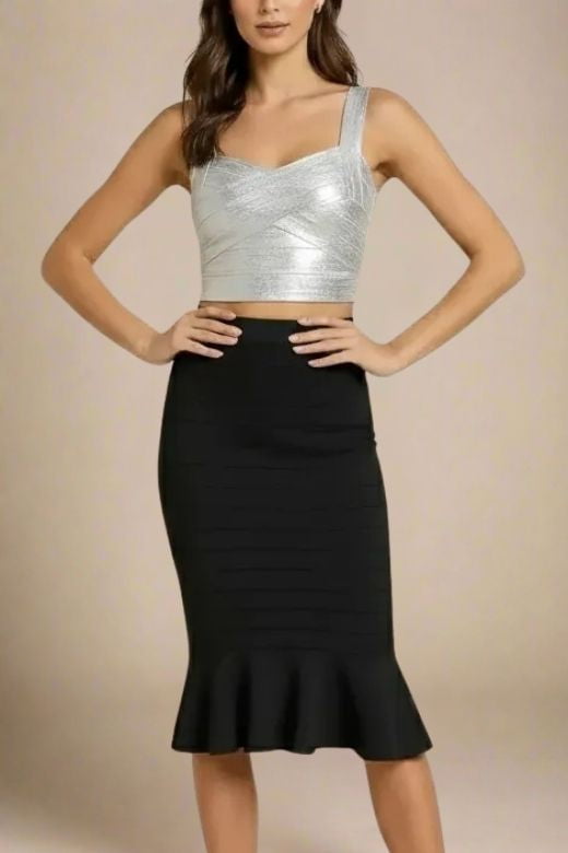 Woman wearing a figure flattering  Jay Bandage Leather Crop Top - Silver BODYCON COLLECTION