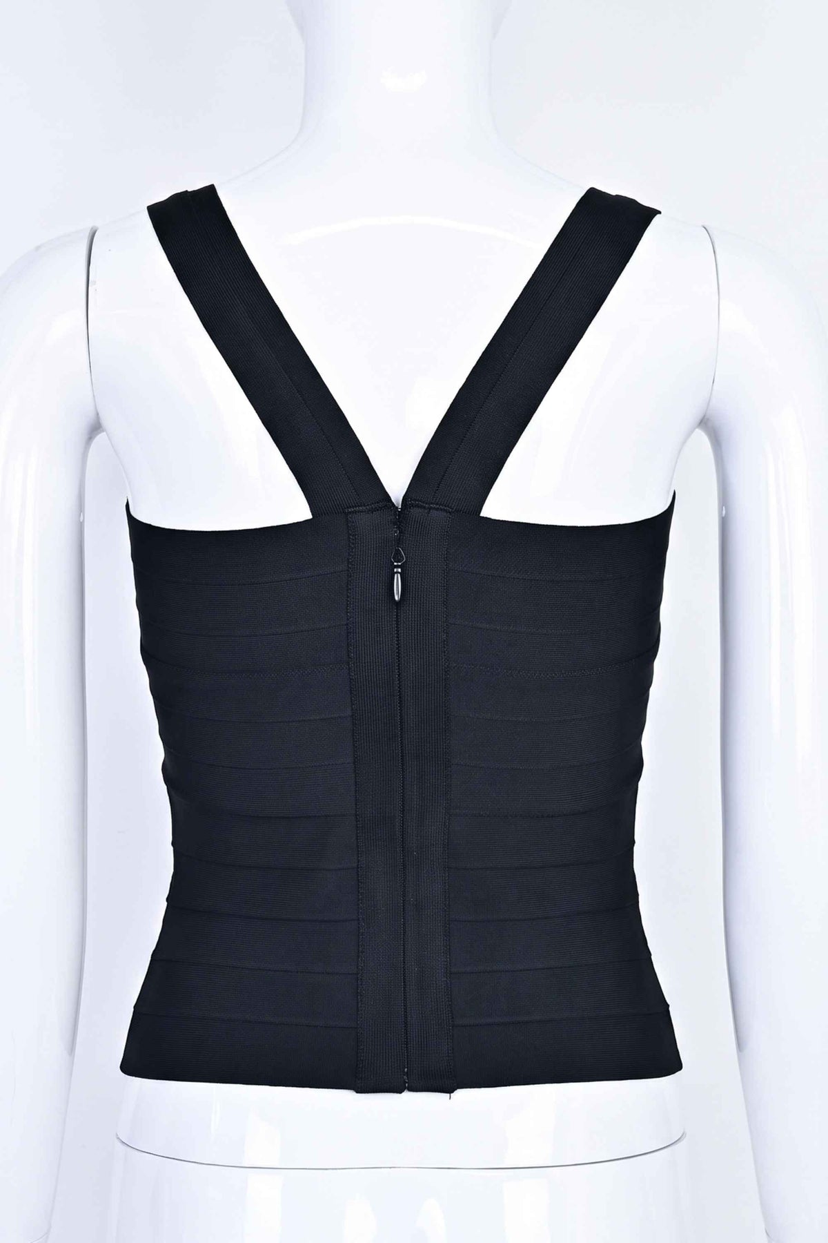 Woman wearing a figure flattering  Jay Bandage Top - Classic Black BODYCON COLLECTION