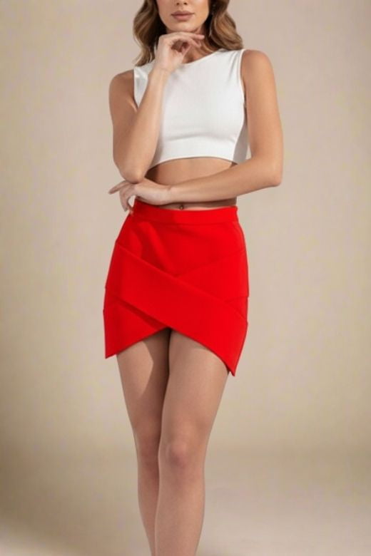 Woman wearing a figure flattering  Jay High Waist Bandage Mini Skirt - Lipstick Red BODYCON COLLECTION