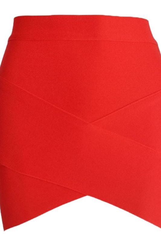 Woman wearing a figure flattering  Jay High Waist Bandage Mini Skirt - Lipstick Red BODYCON COLLECTION