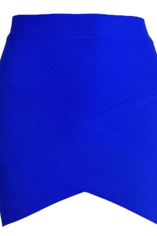 Woman wearing a figure flattering  Jay High Waist Bandage Mini Skirt - Royal Blue BODYCON COLLECTION