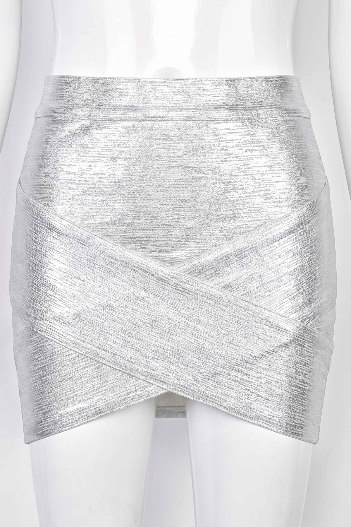 Woman wearing a figure flattering  Jay High Waist Bandage Mini Skirt - Silver BODYCON COLLECTION