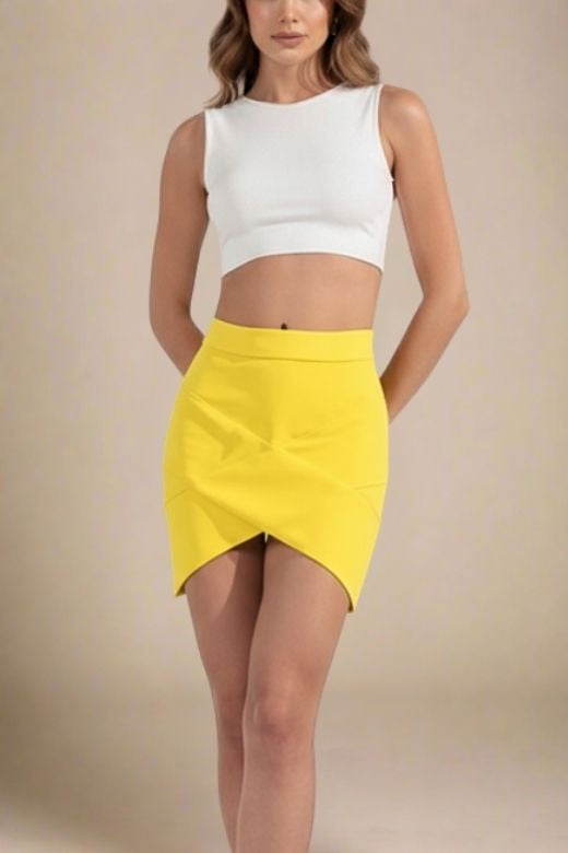Woman wearing a figure flattering  Jay High Waist Bandage Mini Skirt - Sun Yellow BODYCON COLLECTION