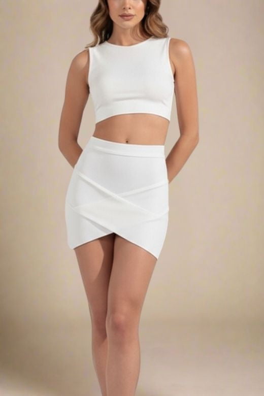 Woman wearing a figure flattering  Jay High Waist Bandage Mini Skirt - White Pearl BODYCON COLLECTION