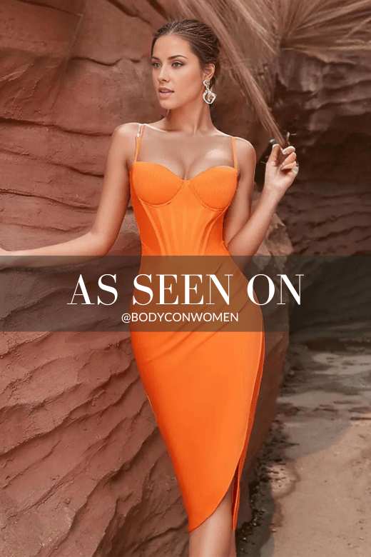 Woman wearing a figure flattering  Jeni Bandage Dress - Apricot Orange BODYCON COLLECTION