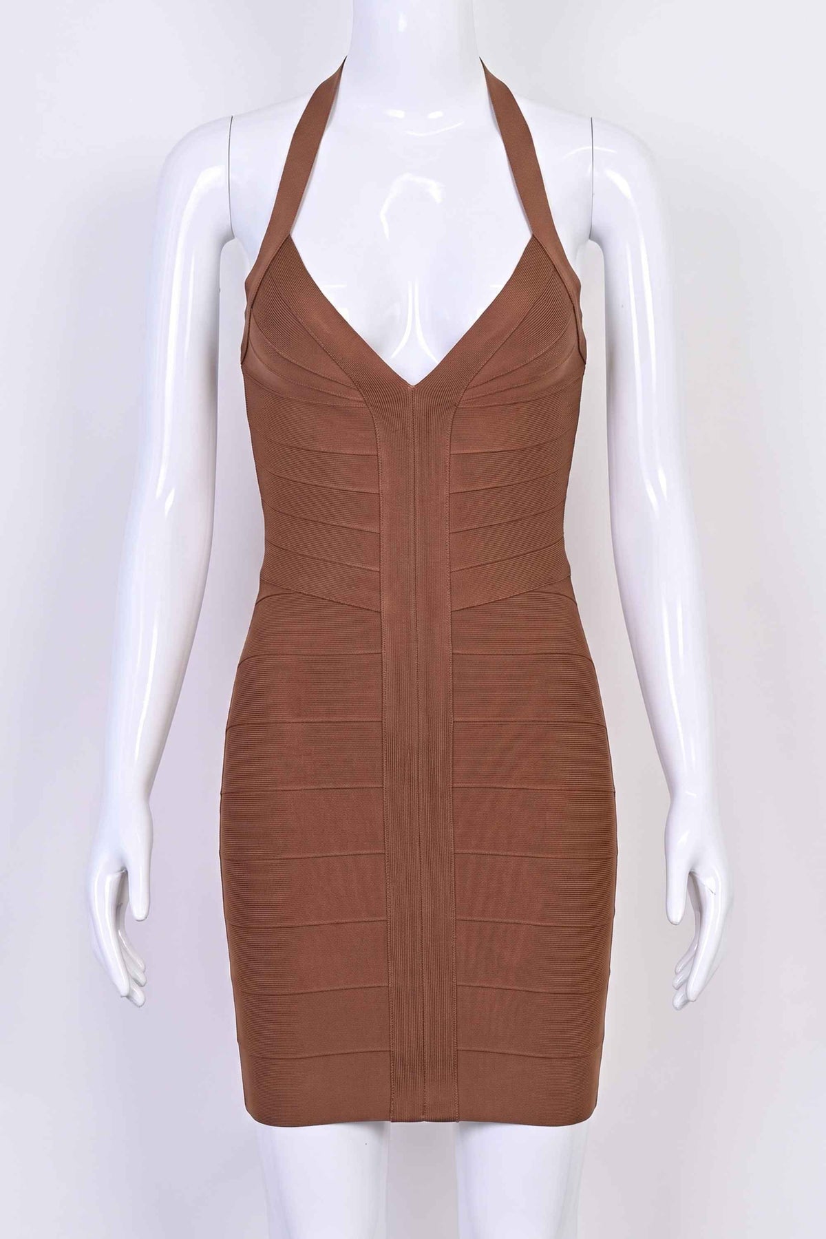 Woman wearing a figure flattering  Jenna Bandage Mini Dress - Chocolate Brown BODYCON COLLECTION Pty Ltd