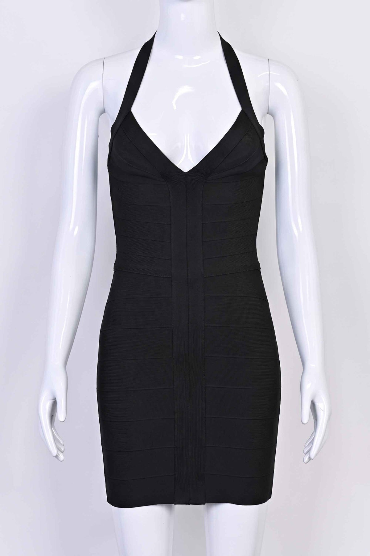 Woman wearing a figure flattering  Jenna Bandage Mini Dress - Classic Black BODYCON COLLECTION Pty Ltd