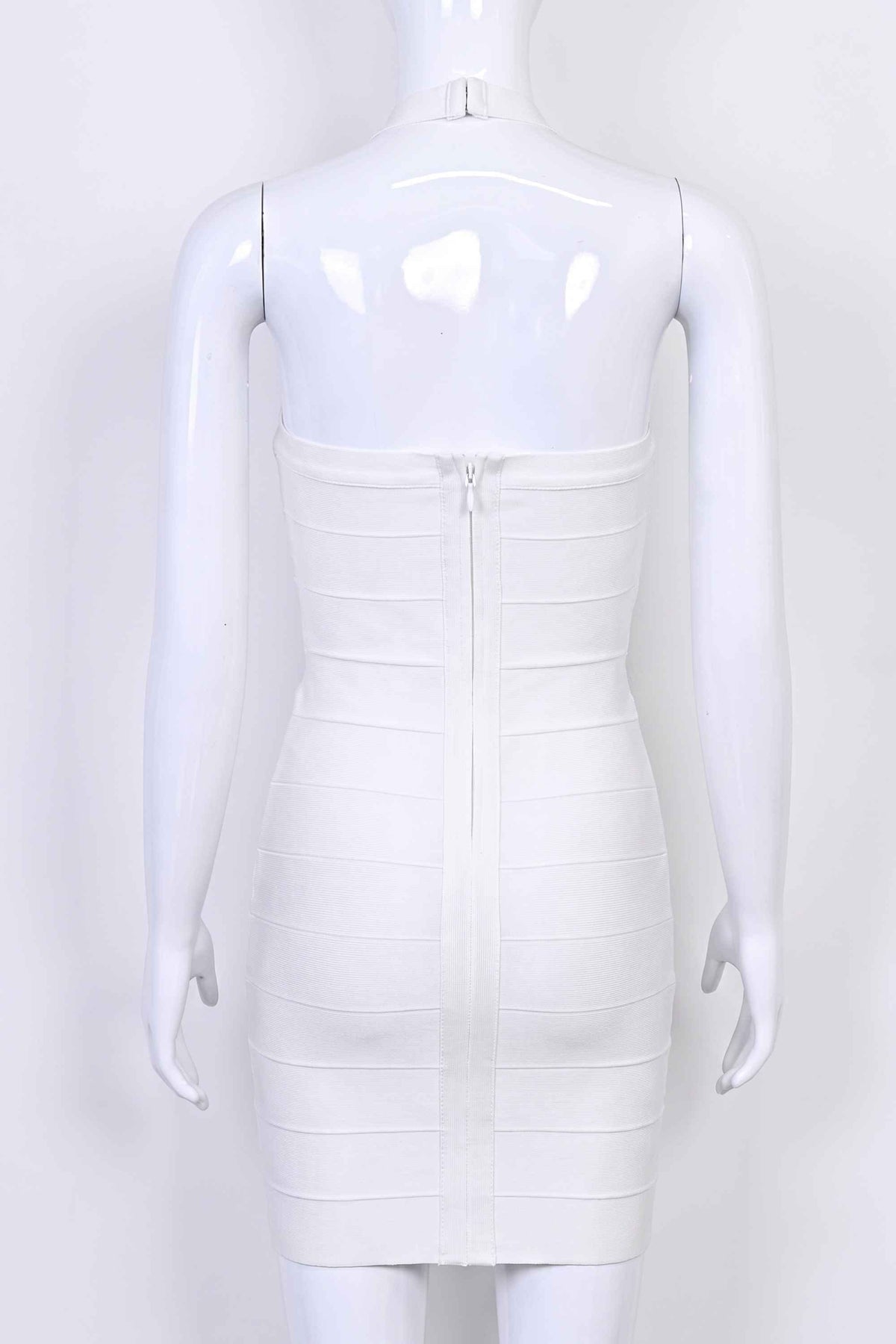 Woman wearing a figure flattering  Jenna Bandage Mini Dress - White Pearl BODYCON COLLECTION Pty Ltd