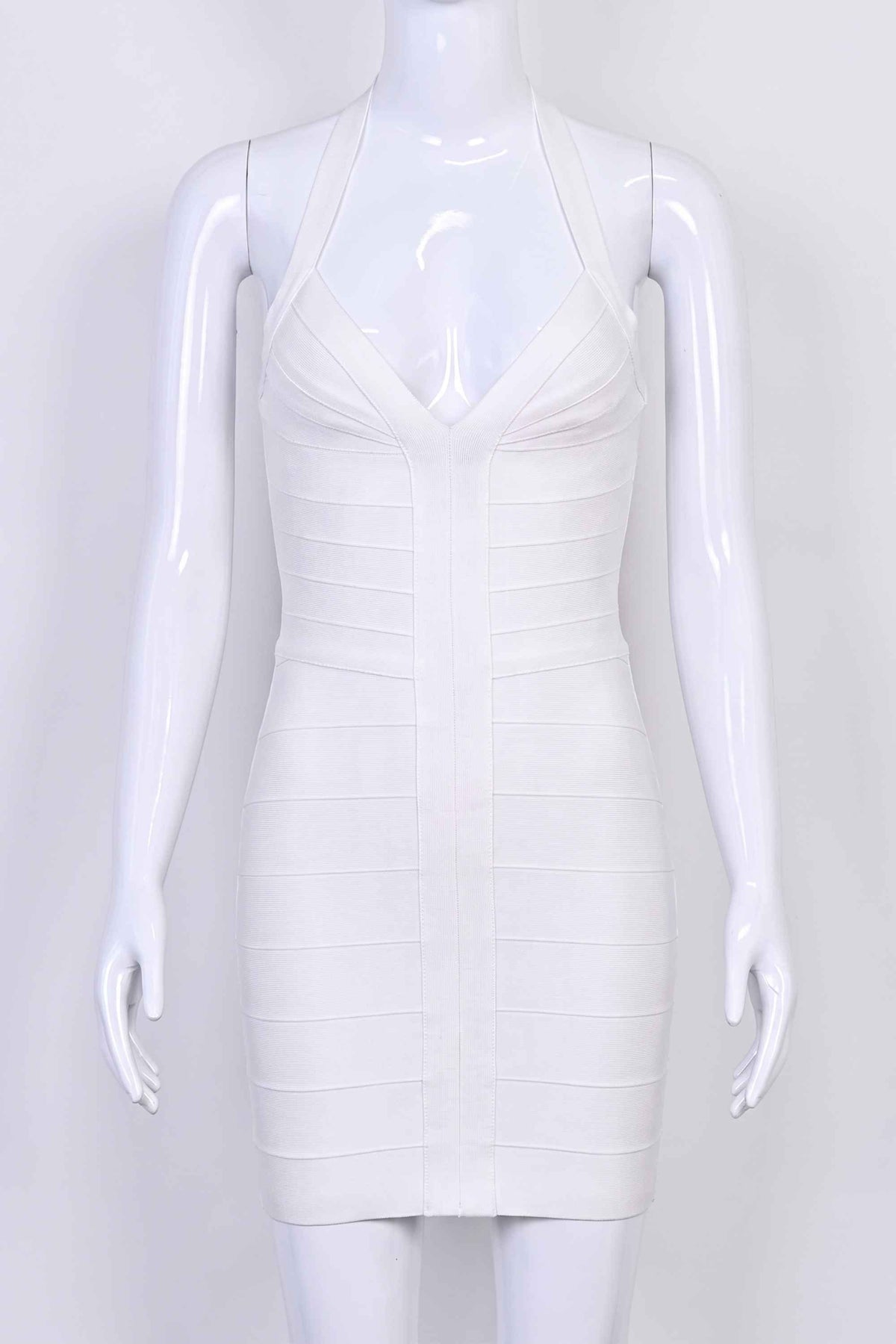 Woman wearing a figure flattering  Jenna Bandage Mini Dress - White Pearl BODYCON COLLECTION Pty Ltd