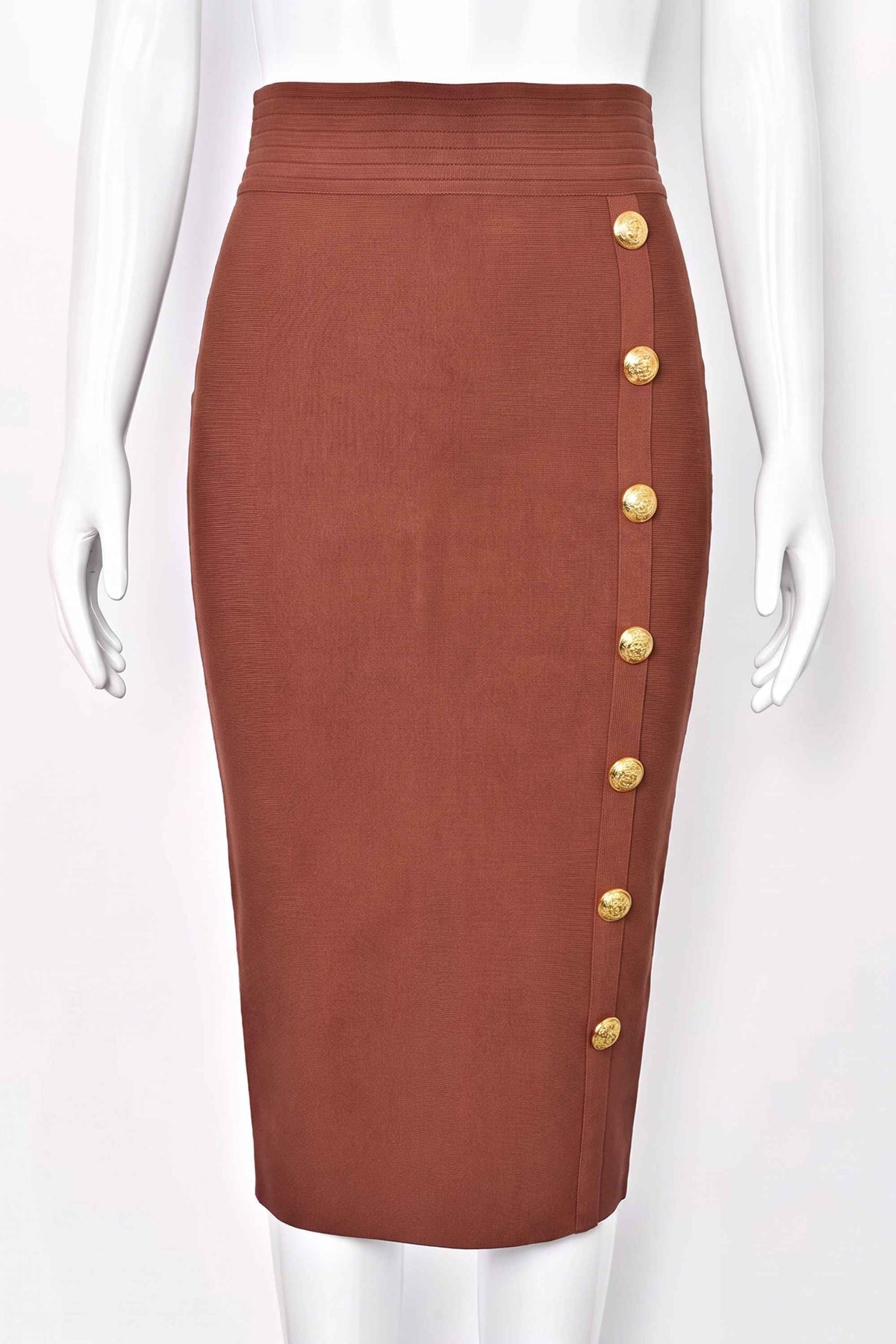 Woman wearing a figure flattering  Jessie Midi Pencil Skirt - Tan Brown BODYCON COLLECTION Pty Ltd