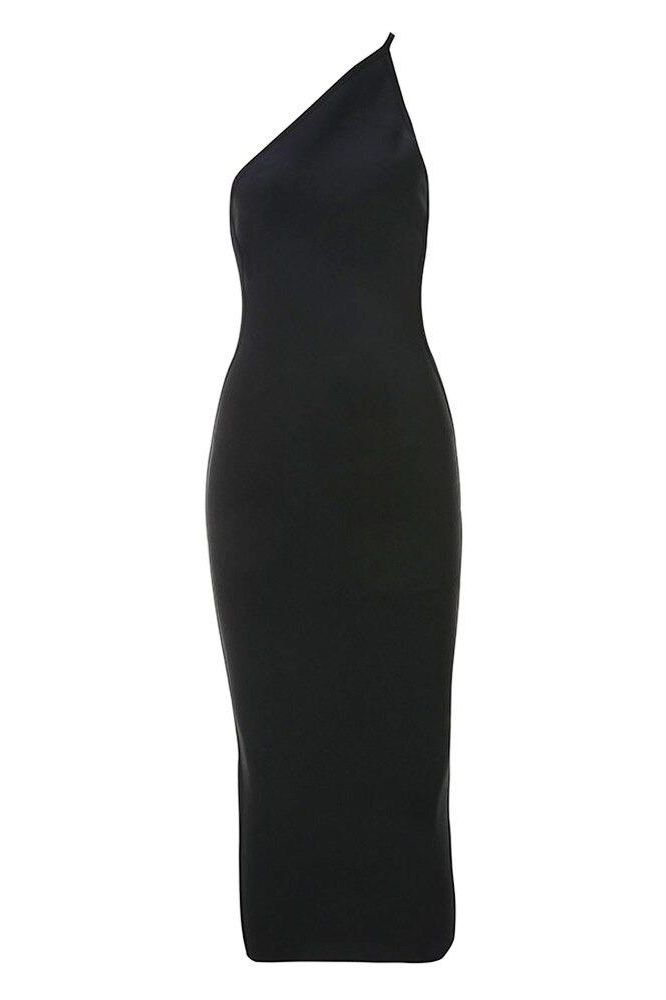 Woman wearing a figure flattering  Joi Bodycon Midi Dress - Classic Black Bodycon Collection