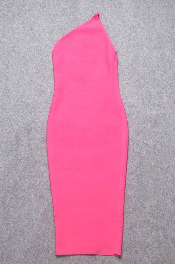 Woman wearing a figure flattering  Joi Bodycon Midi Dress - Hot Pink Bodycon Collection