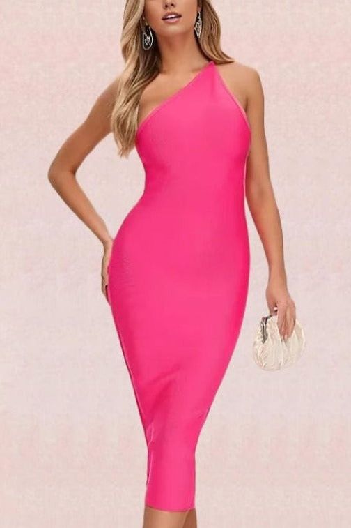 Woman wearing a figure flattering  Joi Bodycon Midi Dress - Hot Pink Bodycon Collection