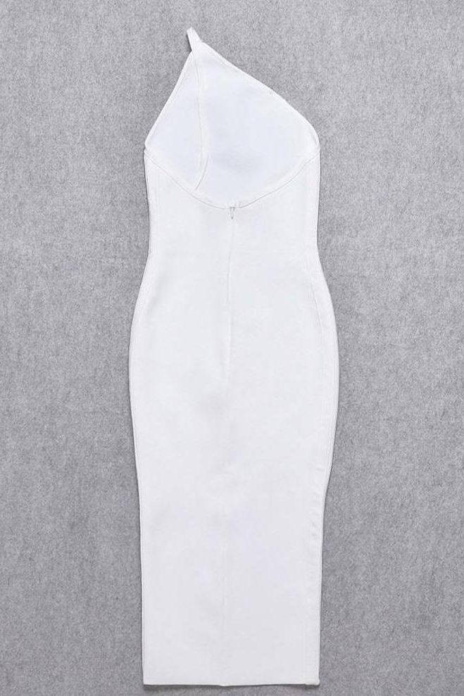 Woman wearing a figure flattering  Joi Bodycon Midi Dress - Pearl White Bodycon Collection