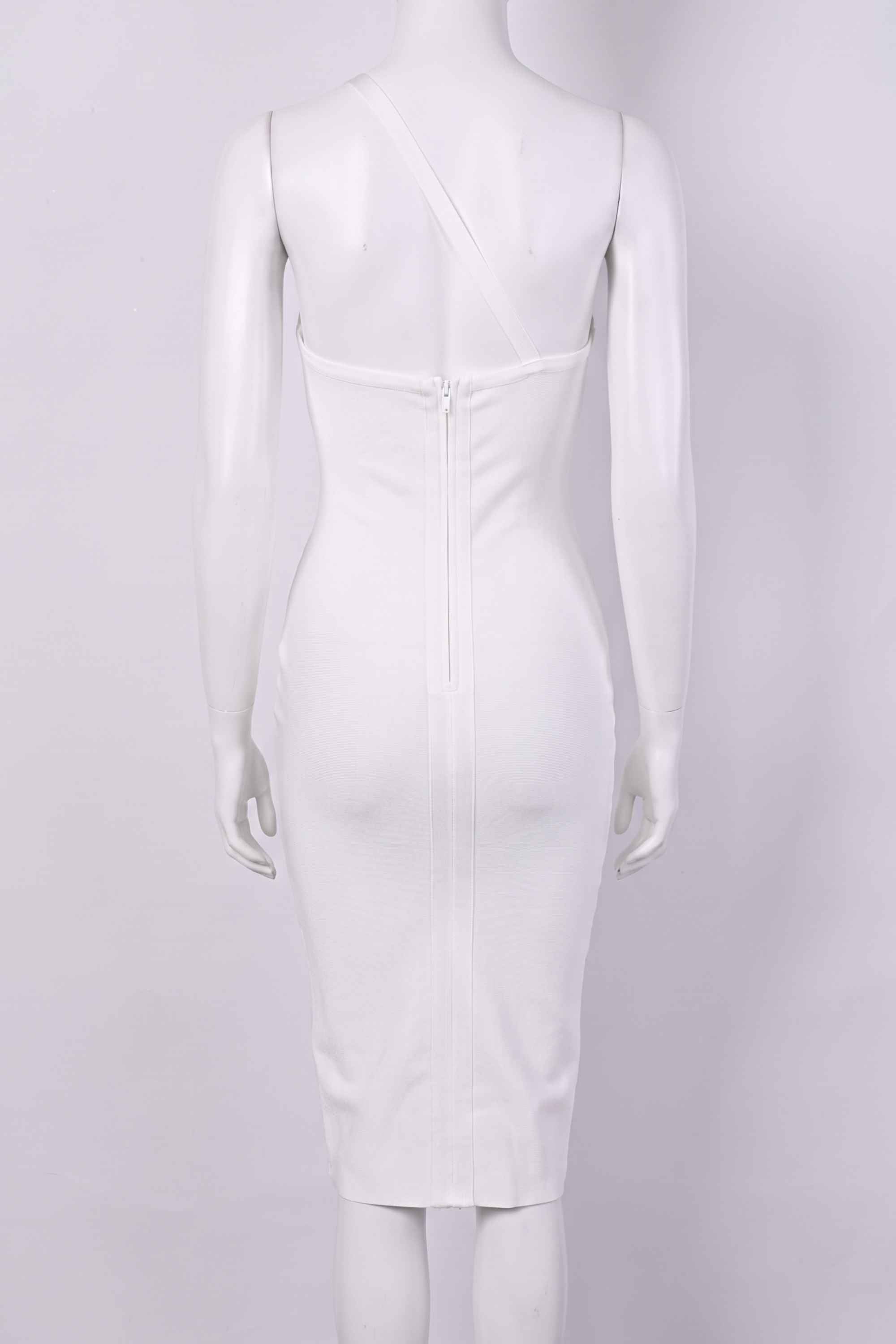 Woman wearing a figure flattering  Joi Bodycon Midi Dress - Pearl White Bodycon Collection