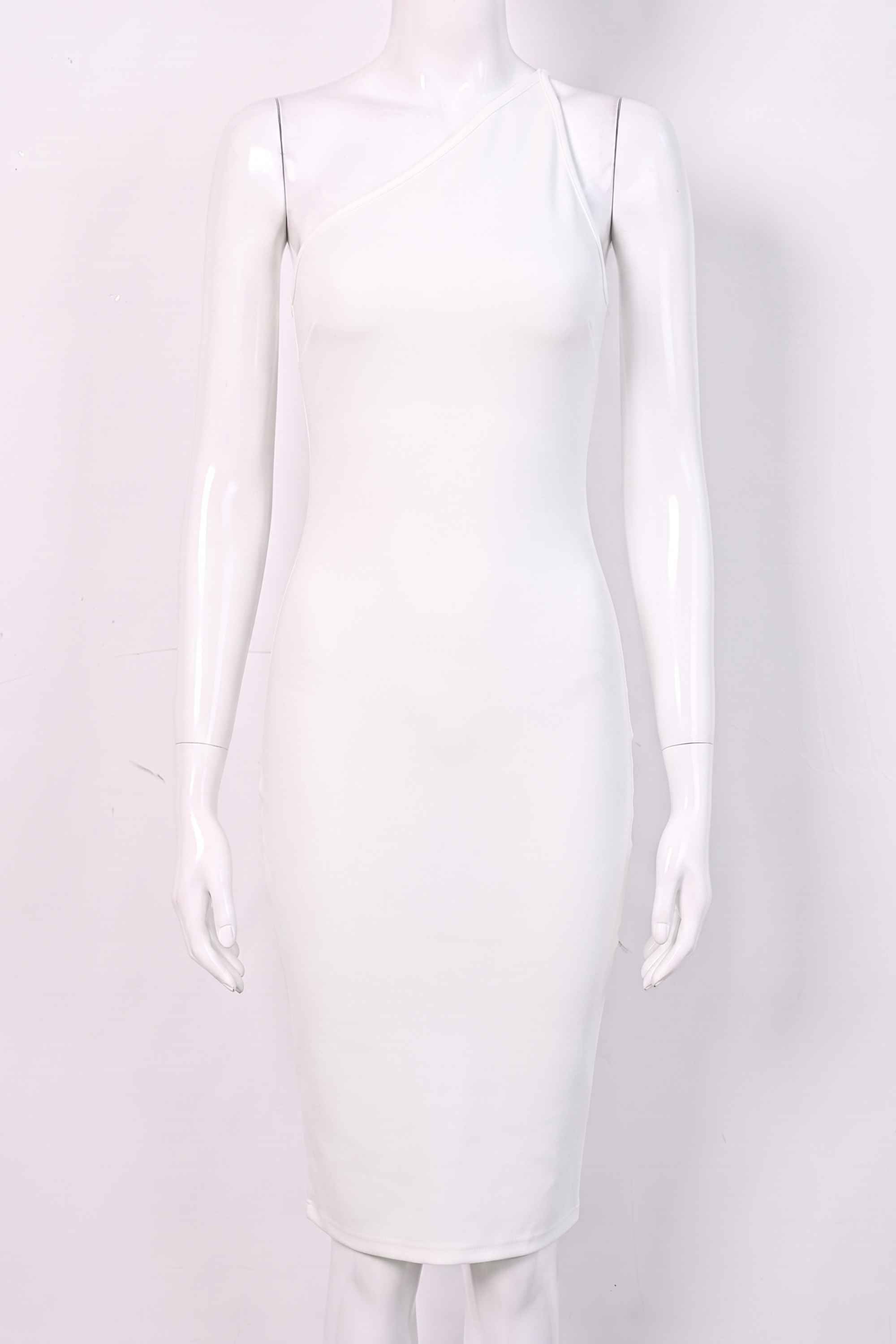 Woman wearing a figure flattering  Joi Bodycon Midi Dress - Pearl White Bodycon Collection