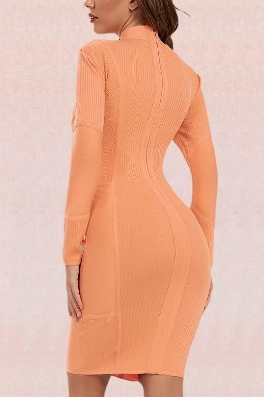 Woman wearing a figure flattering  Jordan Long Sleeve Bodycon Dress - Peach Bodycon Collection