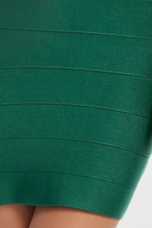 Woman wearing a figure flattering  Josie Bandage V Neck Mini Dress - Emerald Green BODYCON COLLECTION