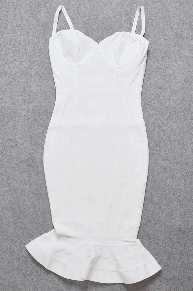 Woman wearing a figure flattering  Joy Bandage Midi Dress - Pearl White Bodycon Collection